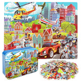 LELEMON Puzzles for Kids Ages 4-8 Vehicles Jigsaw Puzzles in a Metal Box for Kids Boys Girls 100 Pieces Fire Truck Ambulance Police Car Helicopter Aircraft Learning Educational Puzzles LELEMON