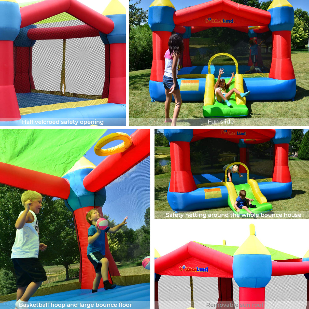Bounceland Inflatable Party Castle Bounce House Bouncer, 16 ft L x 13 ft W x 10.3 ft H, Basketball Hoop, Removable Sun Roof, UL Strong Blower included, Fun Slide and Bounce Area, Castle Theme for Kids Bounceland
