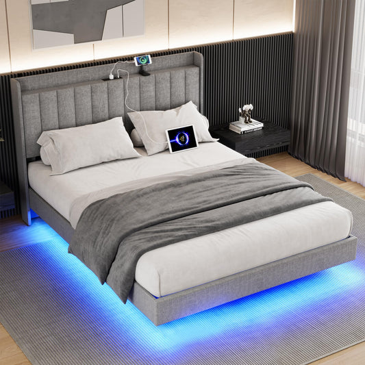 Coucheta Grey Queen Floating Bed Frame with LED Lights, Storage Headboard, and Charging Station - WoodArtSupply