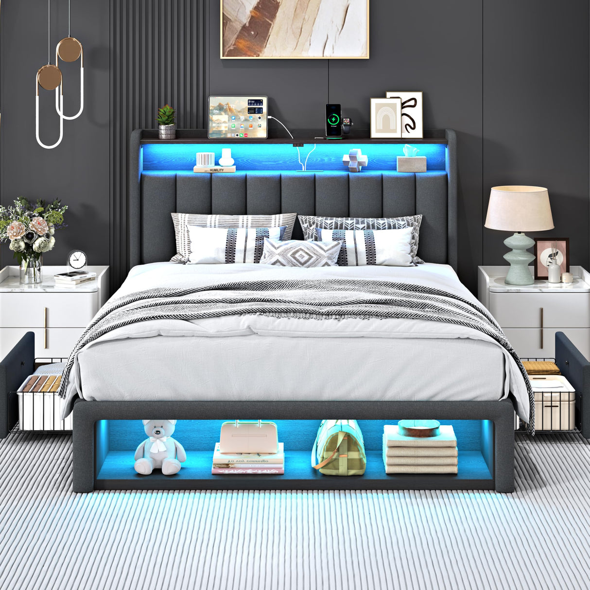 ChicZhiNest Queen Bed Frame with 2 Storage Drawers & Large Footboard Cabinet, LED Lights & USB Charging Station, Linen Upholstered Platform Bed with Headboard, No Box Spring Needed, Dark Grey ChicZhiNest