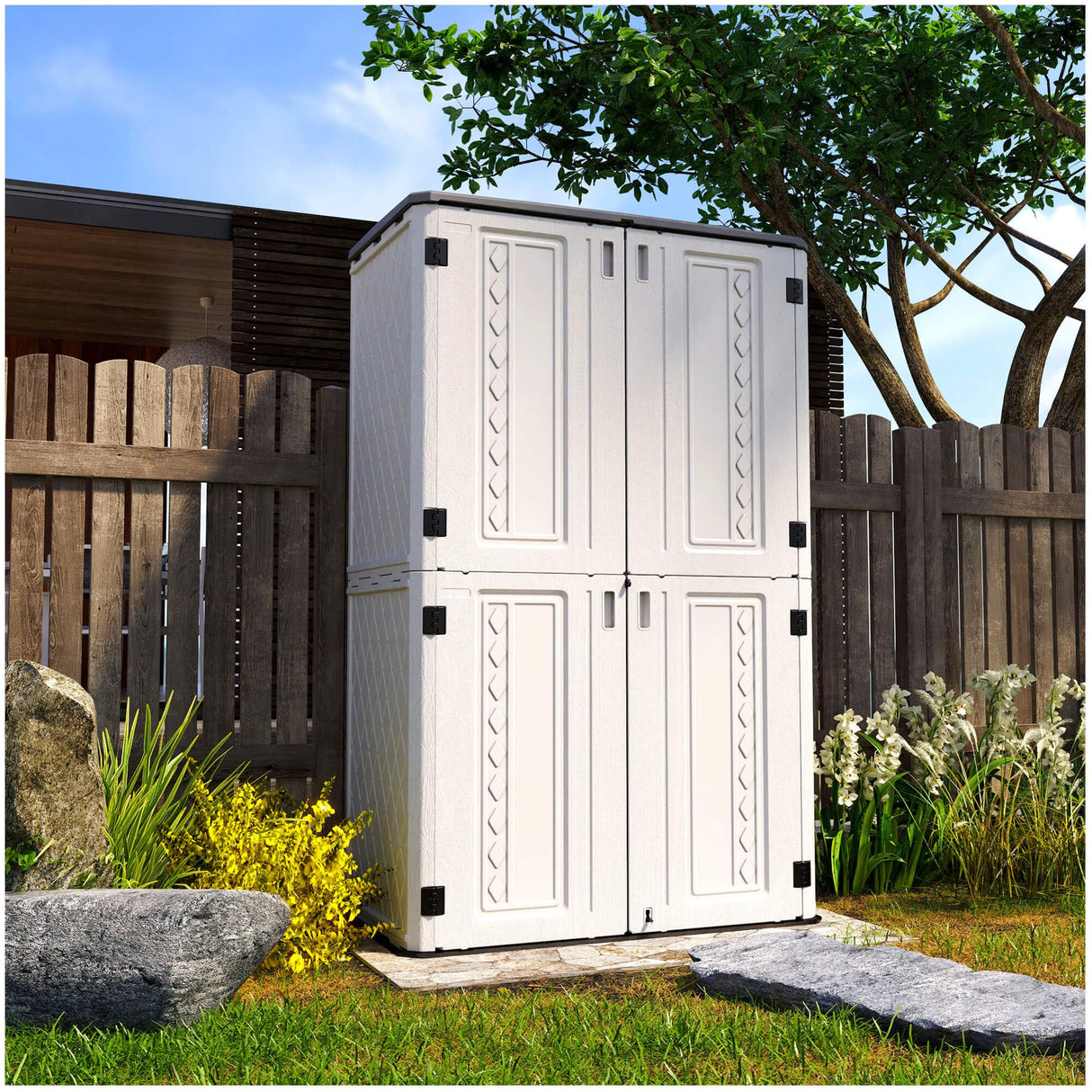 HOMSPARK Storage Shed Weather Resistance, Multi-Purpose Outdoor Storage Cabinet Waterproof, Outdoor Storage Cabinet for Garbage Cans, Lawnmower, Garden Accessories (off white, tall shed-53 cu ft) HOMSPARK