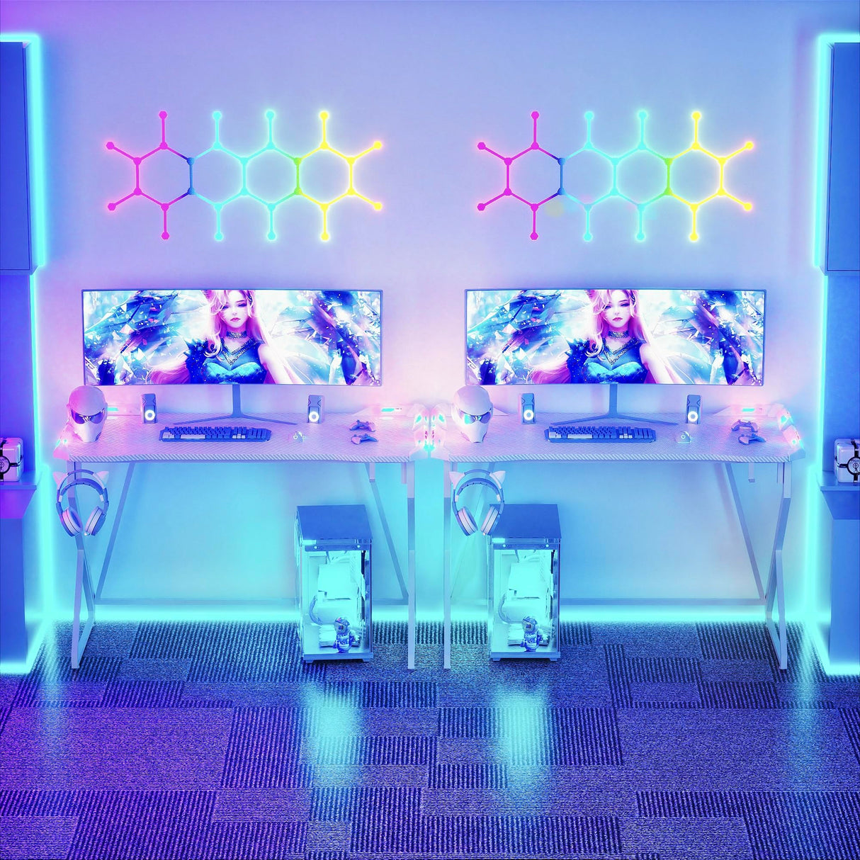 TIQLAB Small Gaming Desk with LED Lights, 40 Inch Computer Desk for Home Small Space, Gaming Table with Carbon Fiber Surface, PC Gamer Desk for Kids Boys Men, White TIQLAB