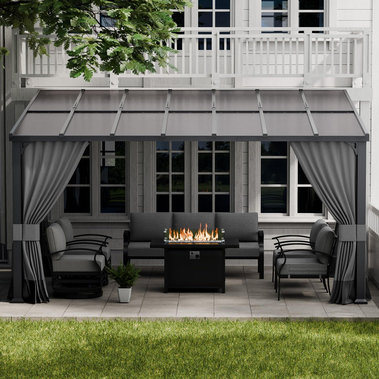 ALAULM 10'x 14' Outdoor Hardtop Pergola,Wall Mounted Lean to Gazebo with Curtains and Netting,Galvanized Metal Frame,Sunshade for Patio, Backyard, Deck and Lawns-Gray ALAULM