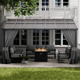 ALAULM 10'x 14' Outdoor Hardtop Pergola,Wall Mounted Lean to Gazebo with Curtains and Netting,Galvanized Metal Frame,Sunshade for Patio, Backyard, Deck and Lawns-Gray ALAULM