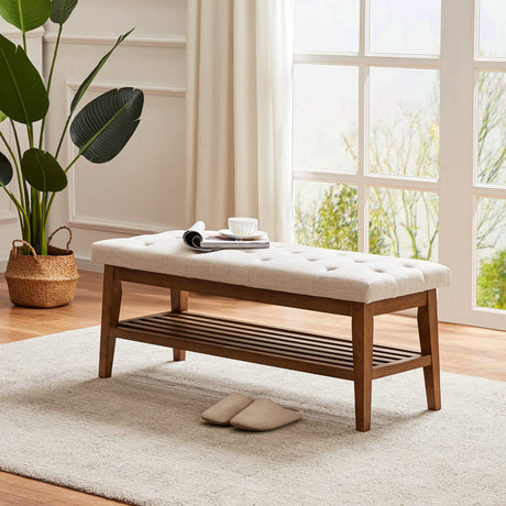 HUIMO Entryway Shoe Bench, End of Bed Bench,Upholstered Button-Tufted Bench for Kitchen, Fabric Ottoman Bench for Living Room, Padded Bench with Solid Wood Shelf Beige HUIMO