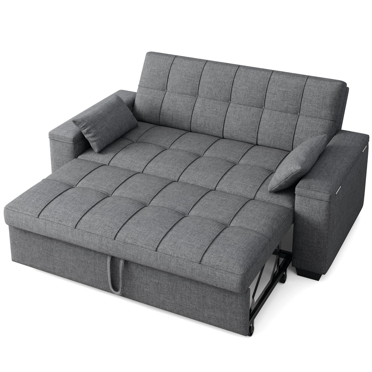 Gizoon Convertible Sofa Bed Futon, Queen Size Sleeper Loveseat with Pull Out Couch, 3 in 1 Linen Fabric Futon Couch with Side Pockets, Storage Armrest & Adjustable Backrest for Living Room, Dark Grey Gizoon