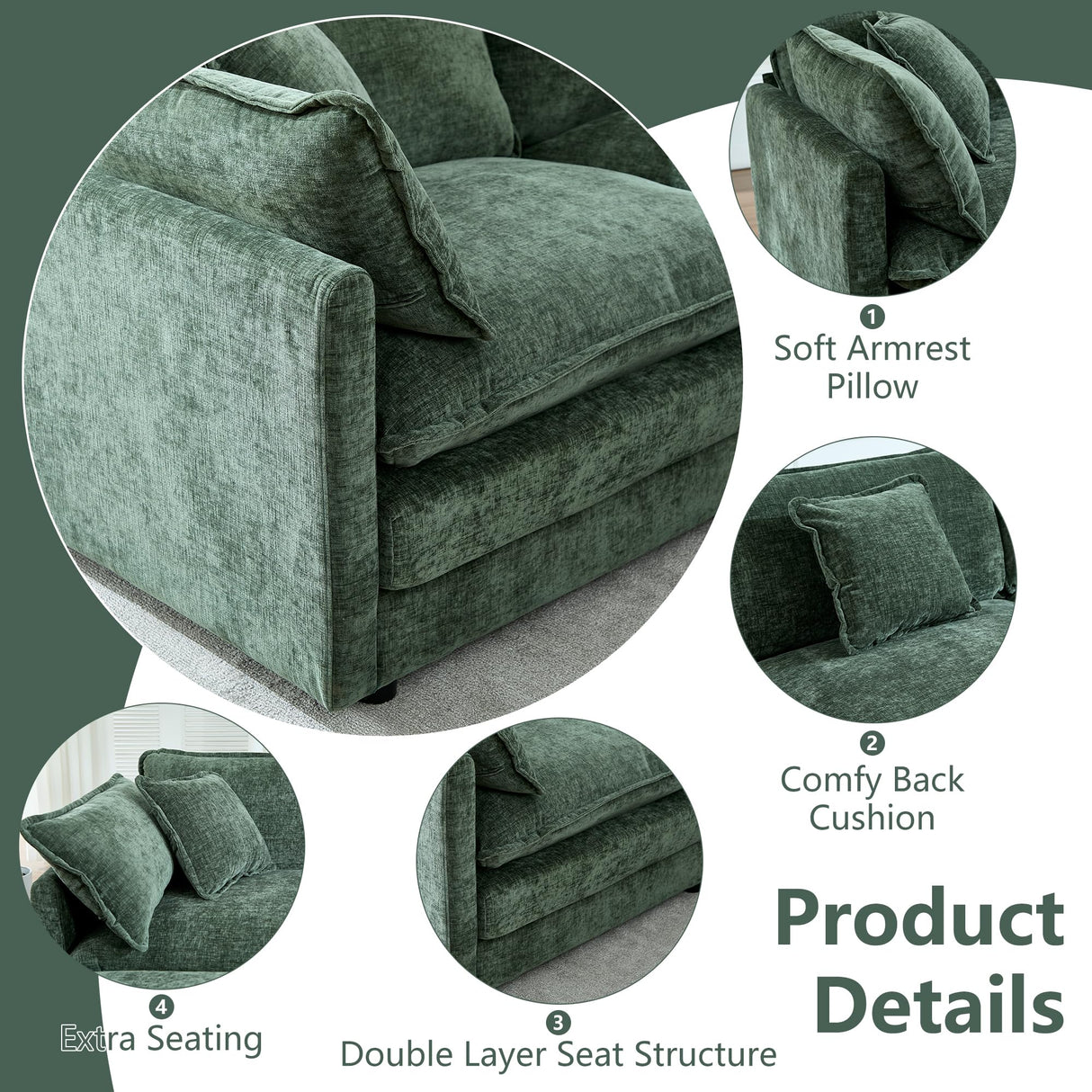 GNIXUU Oversized Modular sectional Sofa, Chenille Large Cloud Sectional Couches for Living Room, Convertible 5 Seater L Shaped Couch with Ottoman for Living Room, Green GNIXUU