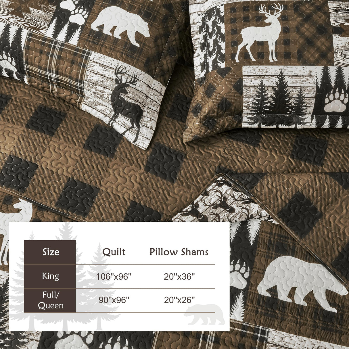 3 Piece Cabin King Size Quilt Sets Farmhouse Rustic Reversible Microfiber Soft Lightweight Bedspread Comforter with 2 Shams Patchwork Country Lodge Bedding Quilts Set for All Season, 106''x96'', Brown Tritard