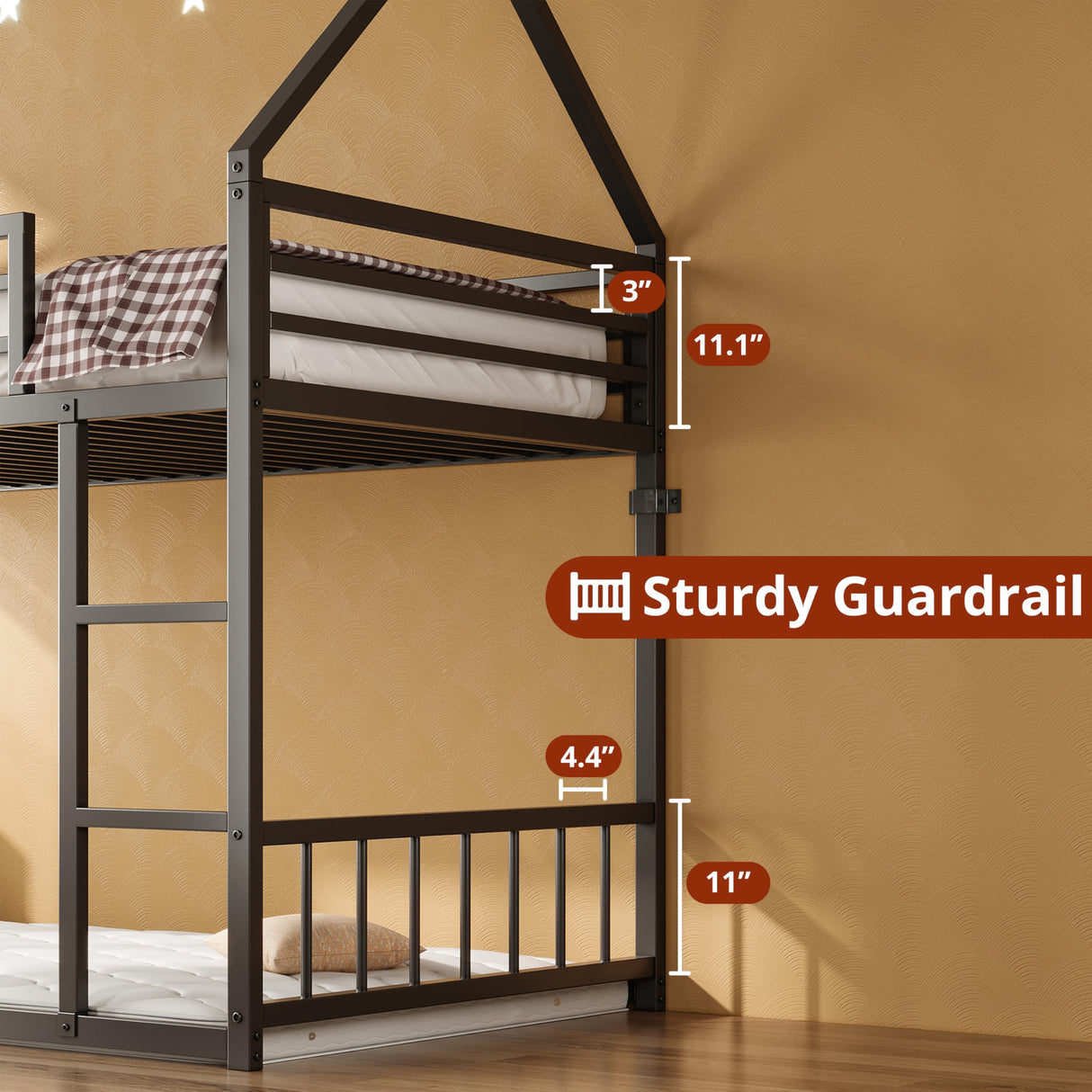 LIKIMIO Bunk Bed Twin Over Twin, House Bunk Bed Frame with Ladder and Guardrail, House Shaped with Metal Slats for Dormitory and Bedroom, Space Saving, No Box Spring Needed, Black LIKIMIO