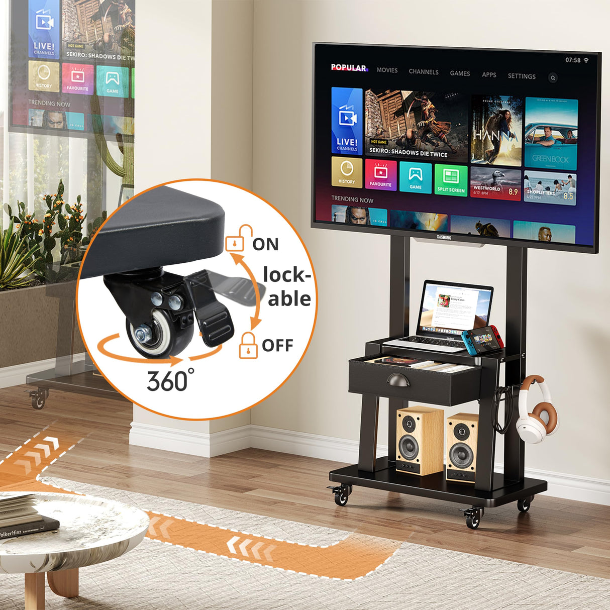 Mobile TV Cart with Drawer,for 23-75 inch Flat/Curved Screen Up to 120lbs,Adjustable Height Rolling TVs Floor Stand with 2 Tiers Shelves,Locking Wheel,for Indoor Outdoor,Max VESA 600x400mm,Black Aokitsink