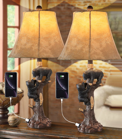 LOKHOM Climbing Bears Rustic Western Table Lamp Set of 2, 26" Rustic Bedside Lamp with USB & TypeC Charging Port, Natural Bears Table Lamp for Bedroom Living Room Foyer Office Valentine's Day Gift