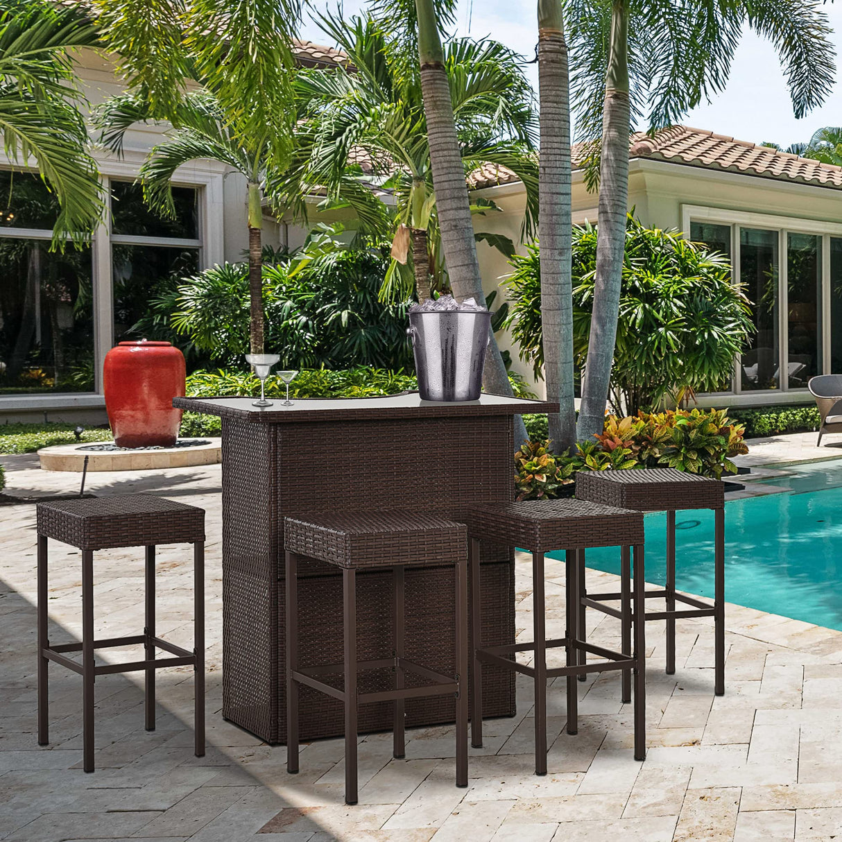 Outsunny 5 Pcs Rattan Wicker Bar Set, High Top Outdoor Table and Chairs, Bar Height Patio Set with Glass Table Top 2 Tier Storage Shelf, and 4 Bar Stools for Garden, Poolside, Gray Outsunny