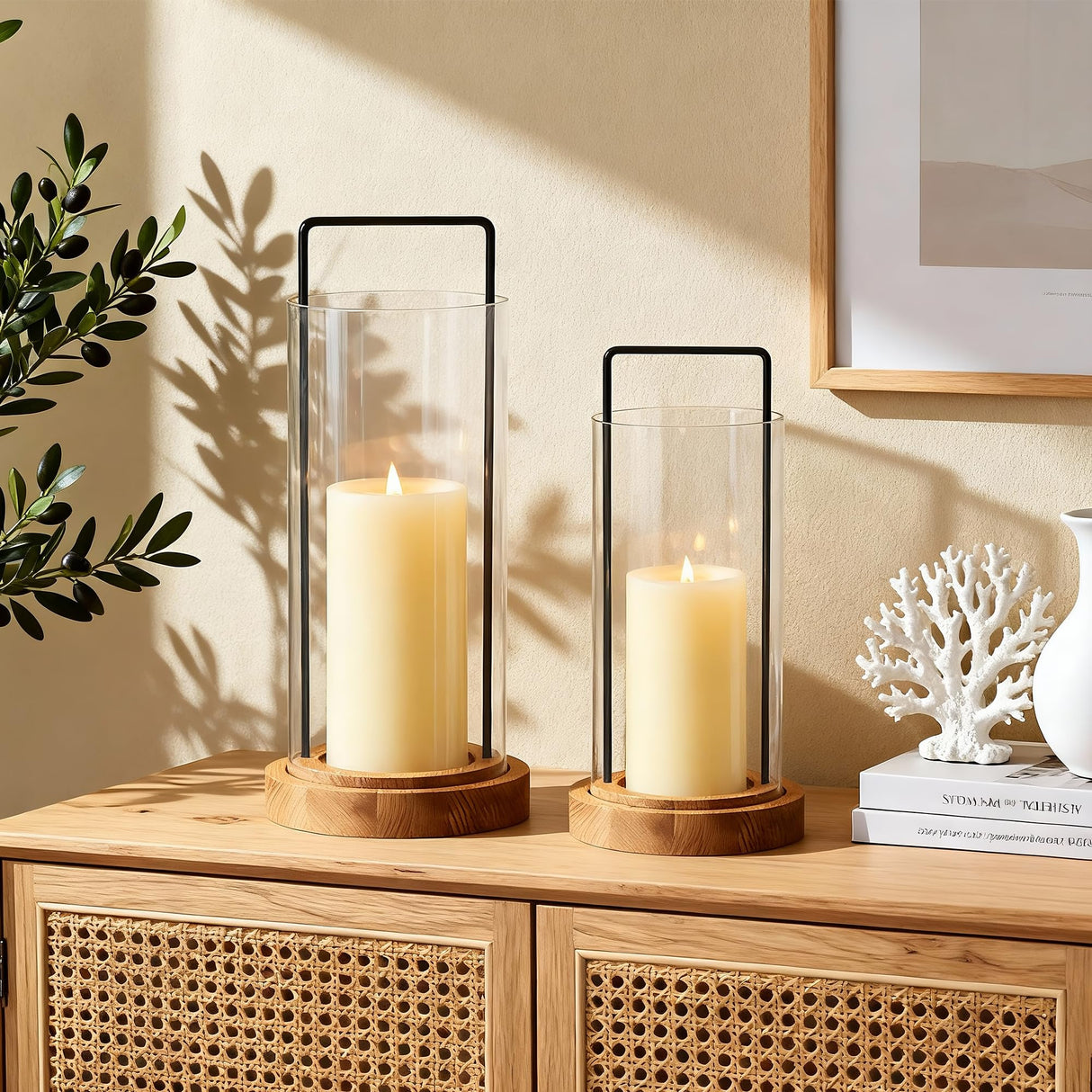 Houmury Set of 2 Hurricane Candle Holders Lantern 12” & 10”with Wood Base Metal Handle Glass Cylinder Modern Farmhouse Decor for Home Decoration, Table Centerpieces Houmury
