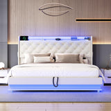 Ailisite Beige Upholstered Queen Bed Frame with LED Lights, Wingback Headboard, and Storage Solution Ailisite
