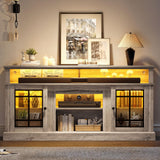 YITAHOME Modern TV Stand for 75 Inch TV, LED Entertainment Center with Adjustable Shelves and Glass Doors, 32'' Tall Television Stands TV Media Console Table for Living Room, Grey Wash YITAHOME