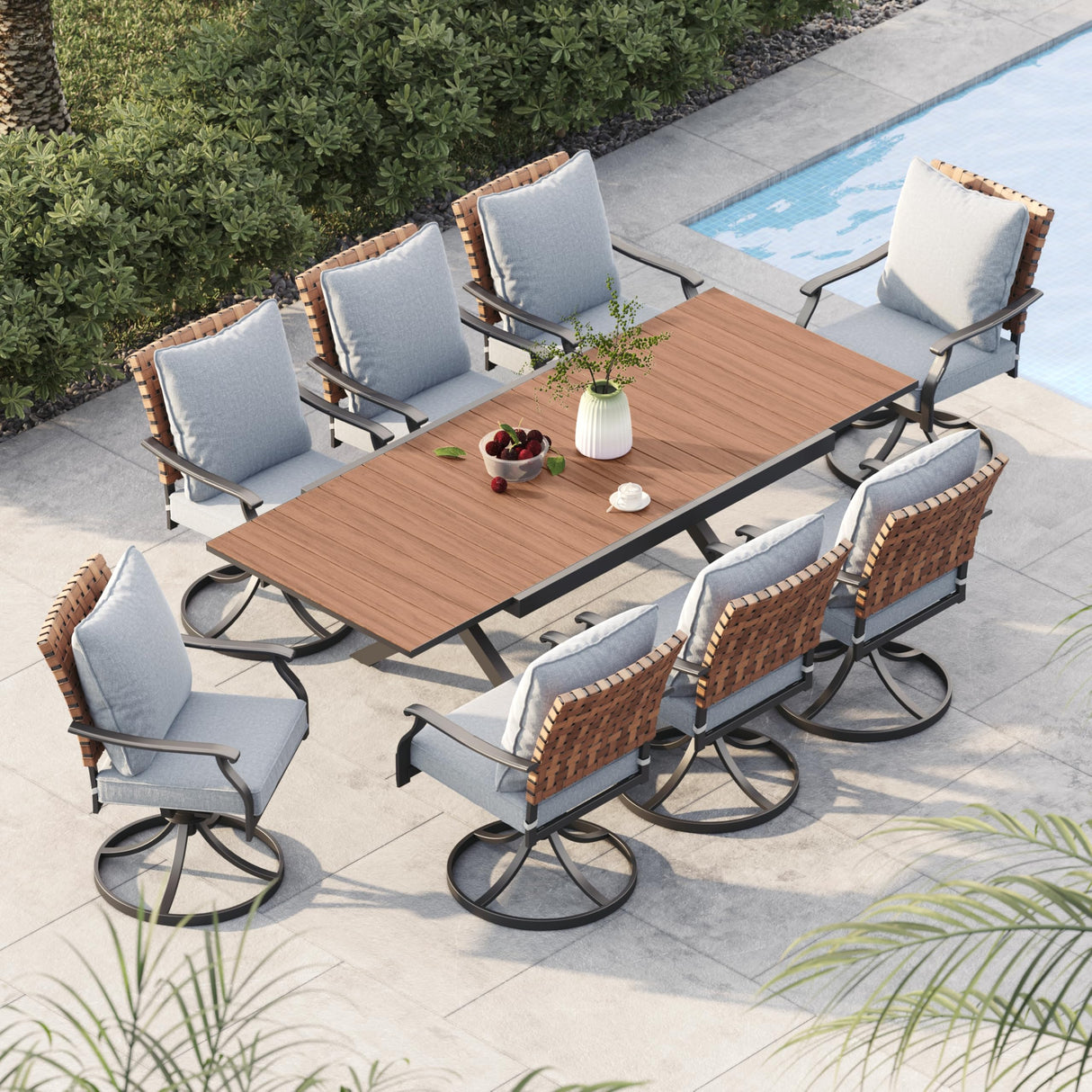 Grand patio 9-Piece Outdoor Dining Set, 8 Leather-Look Wicker Swivel Patio Chairs & 1 Extendable Rectangular Dining Table, Brown Grand patio