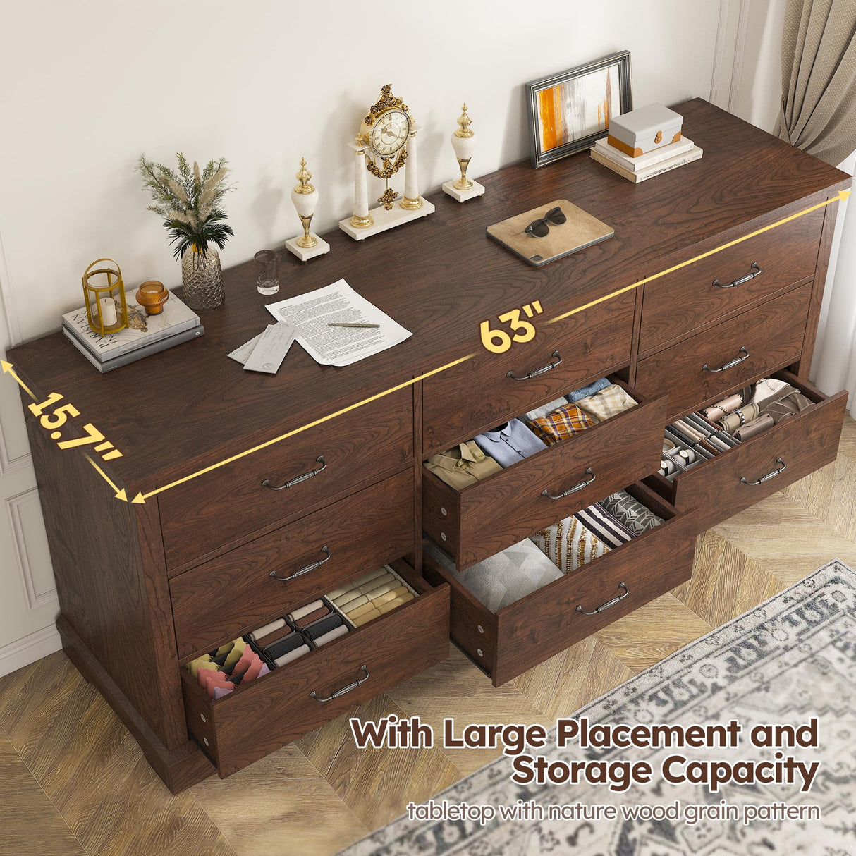 EnHomee 9 Drawers Dresser, 63" W Farmhouse Dressers for Bedroom Dressers with 9 Drawers, Solid Wood Dresser TV Stand with Large Metal Handle, Modern Wood Drawer Organizer for Closet (Rsutic Brown) EnHomee