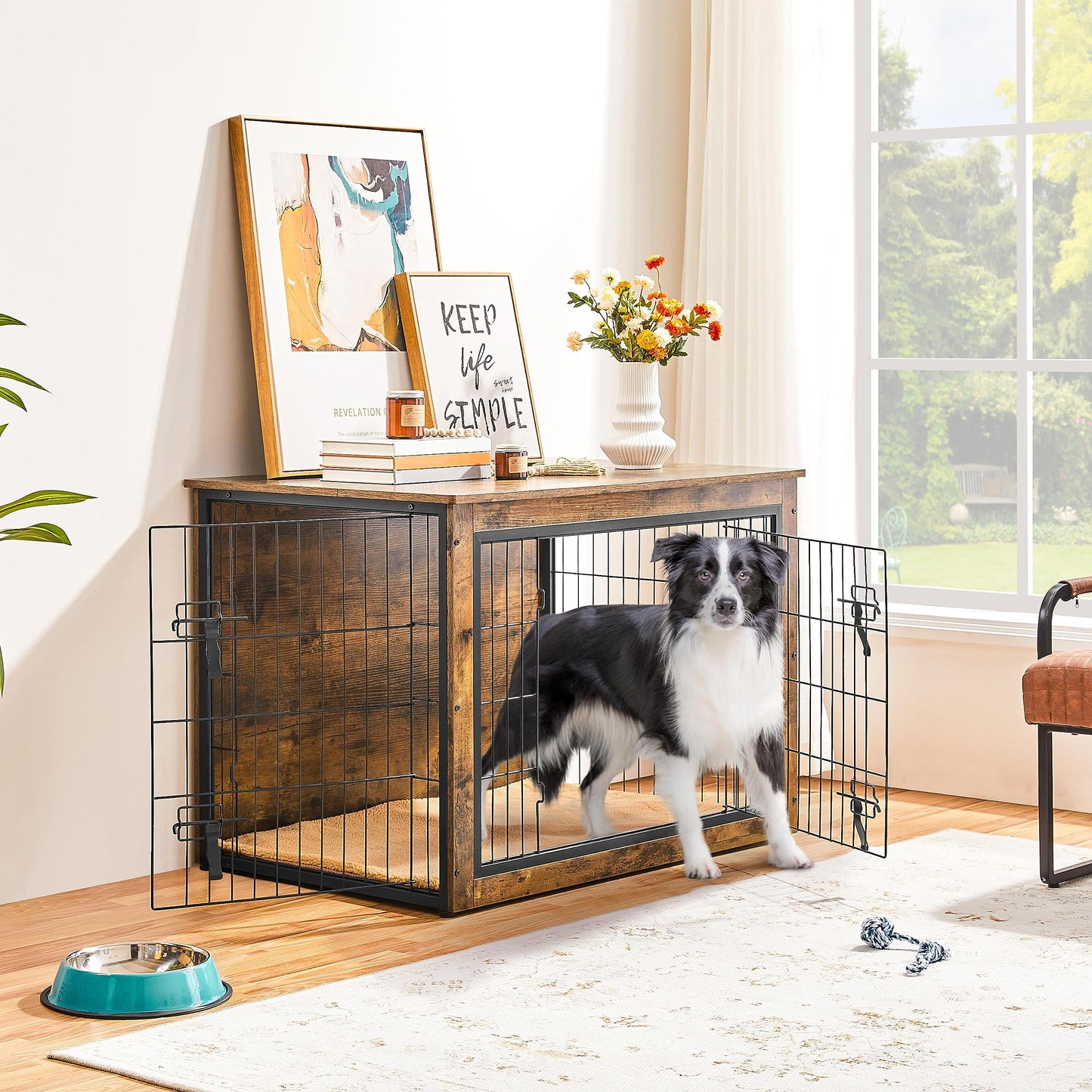 Yaheetech 40'' Dog Crate Furniture with Cushion Wooden Dog Crate with Double Doors/Adjustable Feet Side End Table for Small/Medium Dogs - WoodArtSupply