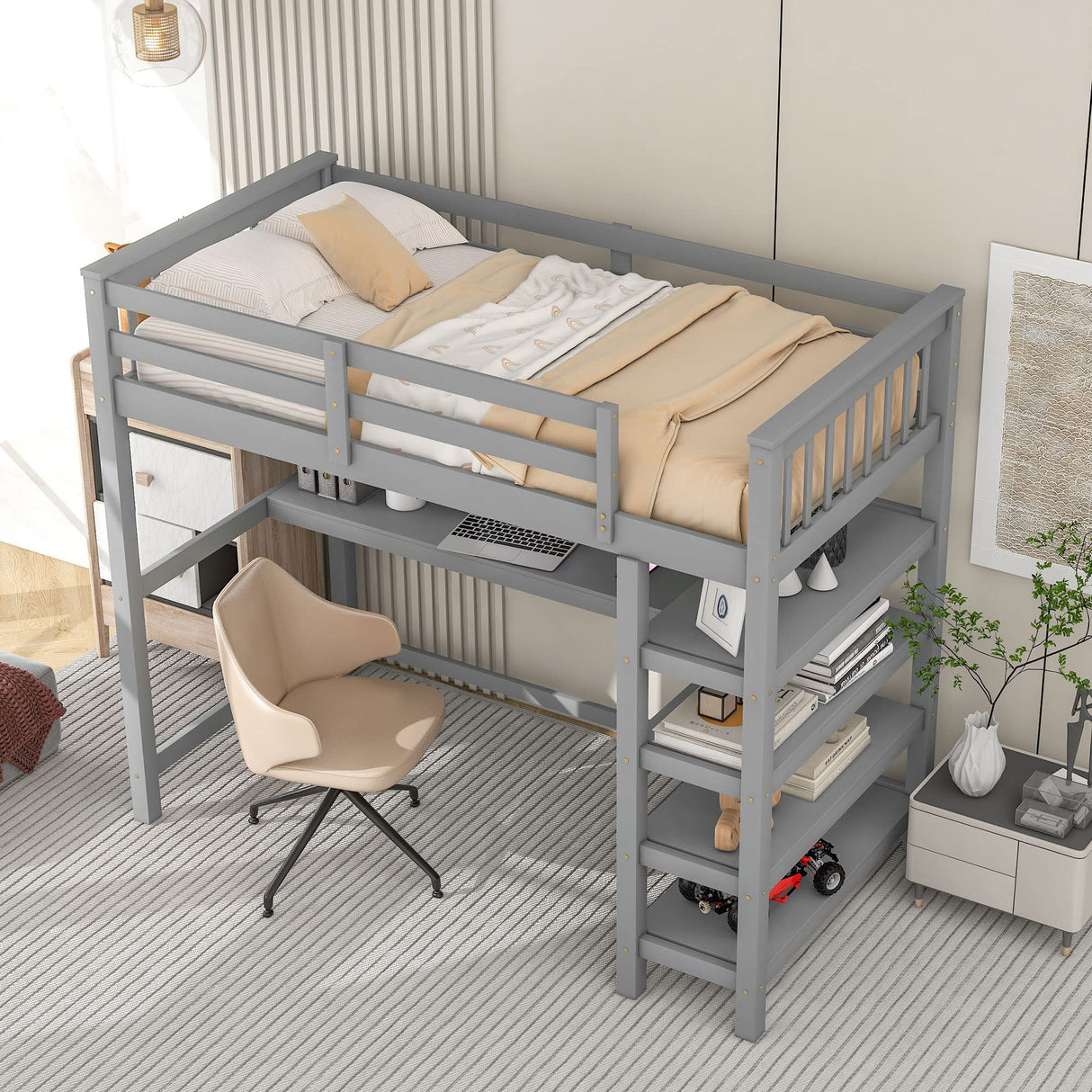 Merax Wood Loft Bed with Desk : Full Size Loft Bed with 4-Storage Shelves and Under Bed Desk Solid Wood Bed, Grey Merax