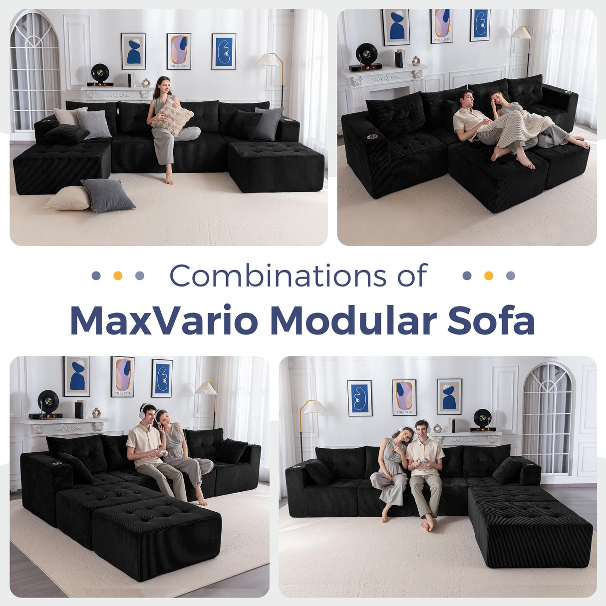 MAXYOYO Modular Sectional Sofa Couch, U Shaped Modern Cloud Couch with 2 Ottomans, Sofa in A Box, Tufted 6-Seat Boneless Sleeper Chair for Living Room, No Assembly Required, Black MAXYOYO