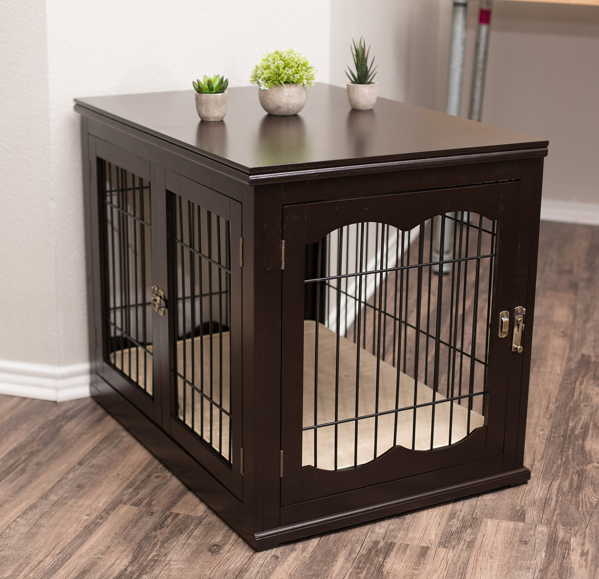 BIRDROCK HOME Decorative Dog Kennel with Pet Bed | Small | Fits Small Dogs | Double Door | Indoor Pet Crate Engineered Wood & Wire Furniture House for Dogs| Side Table | Nightstand – Espresso BIRDROCK HOME