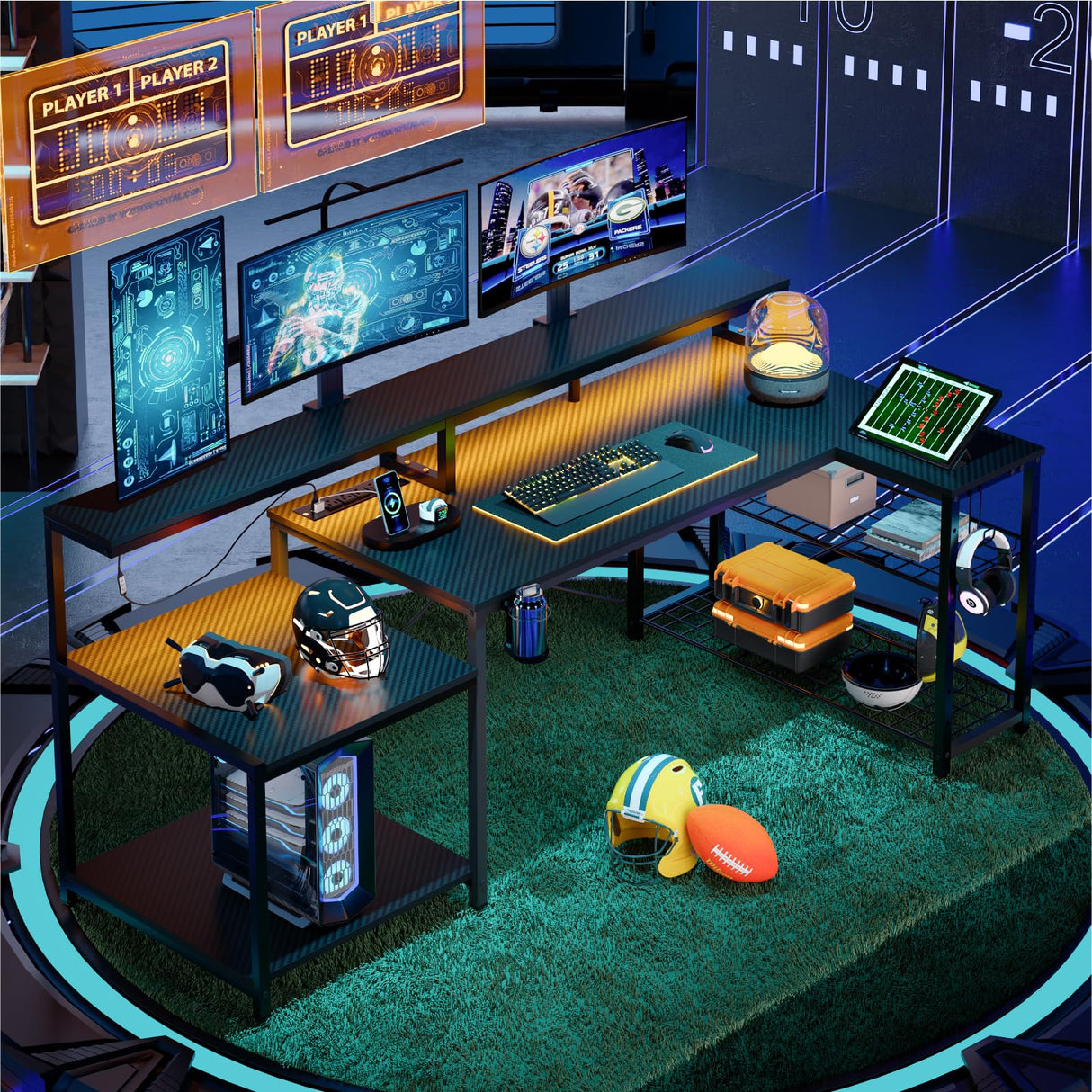 Bestier Gaming Desk with Power Outlet, 71.5 inch LED Computer Desk with Monitor Stand, L Shaped Large Desk with Metal Shelf, Cup Holder & Headset Hooks, Corner Desk for Bedroom 3D Carbon Fiber Bestier