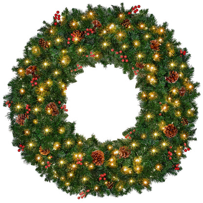 TOWPONICS 48in Large Artificial Pre-Lit Christmas Wreath, 240 LED Warm White Lights & 630 PVC Tips, Xmas Wreath Holiday Accent Decor with Pine Cones & Berries for Front Door, Garden, Plug-in, Green