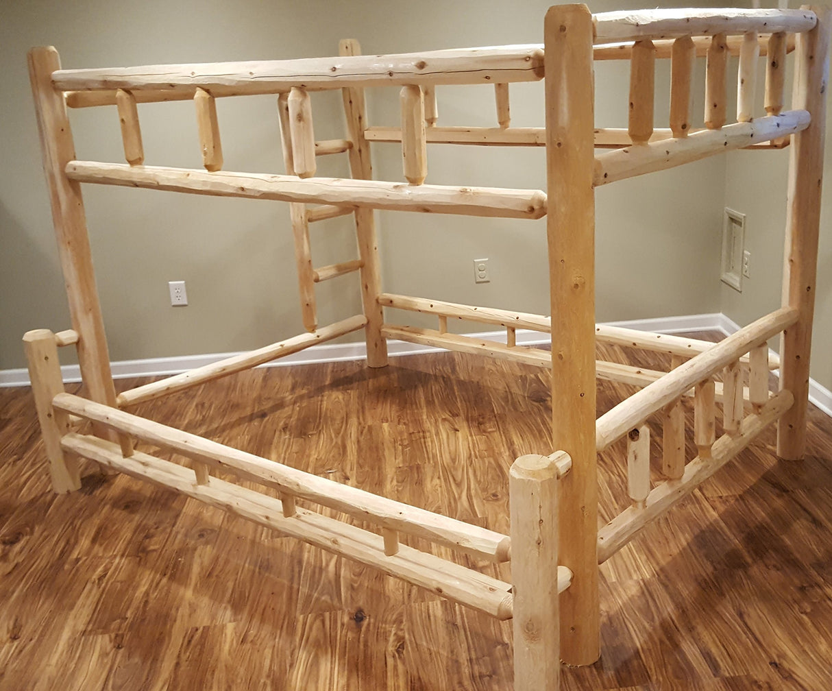 Log Bunk Bed Frame, Twin XL Over Queen Size - Unfinished Natural Beige, Solid White Cedar Wood, Adults, Kids, Amish Handcrafted in USA Midwest Log Furniture