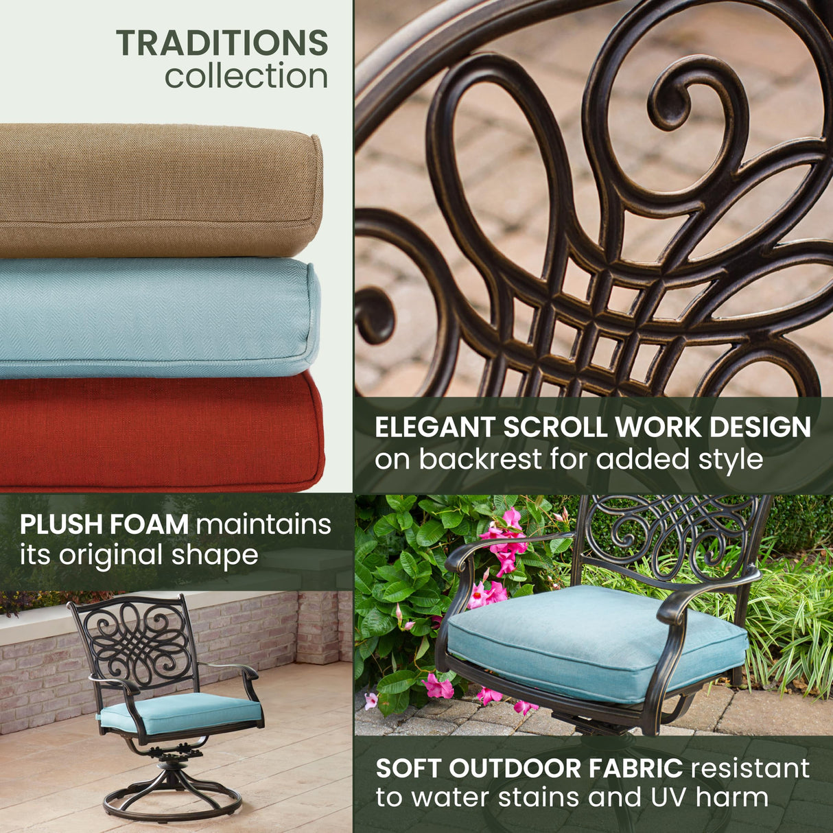 Hanover Traditions 5-Piece Rust Resistant Aluminum Patio Dining Set with Blue Cushions, Swivel Rockers and Aluminum Round Dining Table, Outdoor Dining Set for 4 Hanover