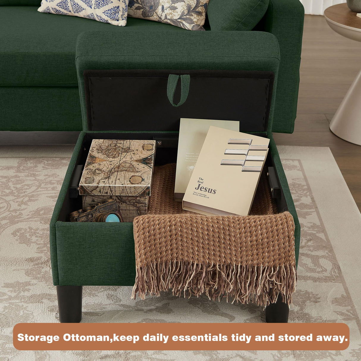 Enobala 101" Convertible Sectional Sofa, 4 Seat U Shaped Couch with Storage Ottoman and Side Pocket, Comfy Sectional Couch for Living Room, Apartment, Modern Linen Fabric Sofa Set,Green Enobala