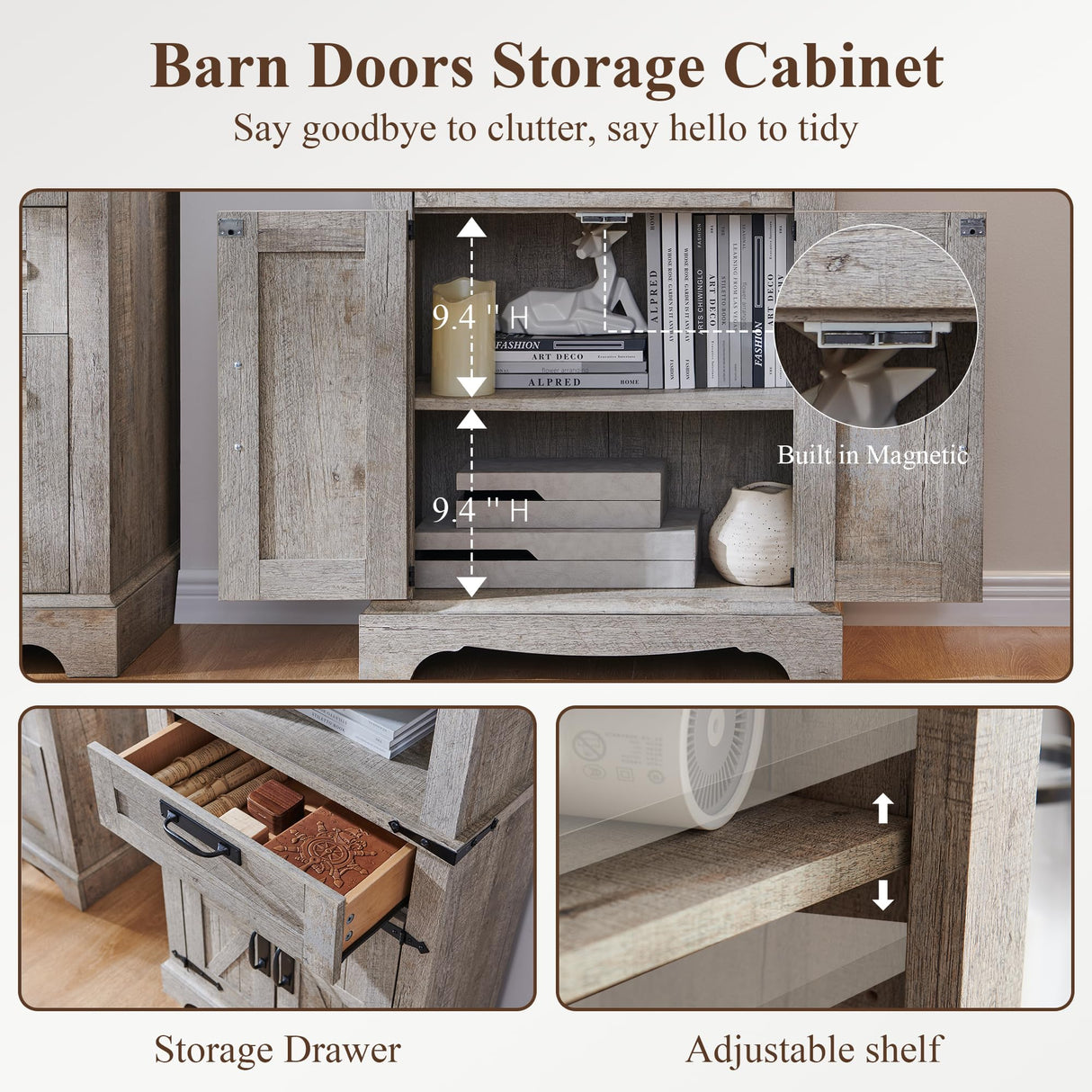 RedLemon Bookshelf with Storage Cabinet, 72" Tall Farmhouse Bookcase with Adjustable Shelves and Barn Door, 4 Tier Office Wood Bookshelf with Drawer for Office Library Living Room (Light Rustic Oak) RedLemon