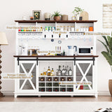 63 Inch Farmhouse Coffee Bar Cabinet with LED Lights, Wine Bar Cabinet with Storage, Kitchen Buffet Hutch with Sliding Barn Door, 15-Bottle Wine Rack, 4 Hooks & Glass Holder, Adjustable Shelves, White CayugaCrekrd