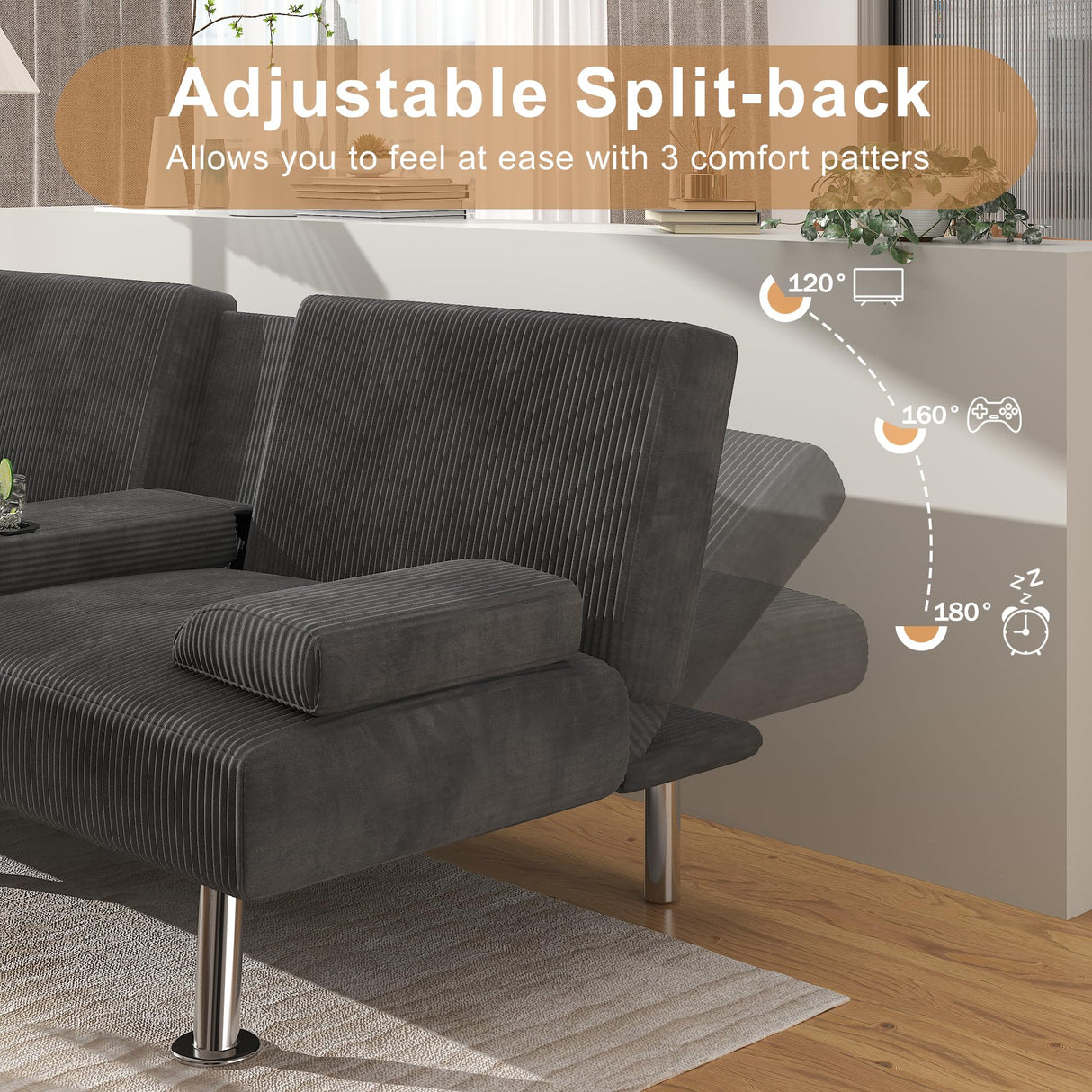 Shahoo Modern Upholstered Convertible Folding Futon Sofa Bed with Removable Armrests, Metal Legs, 2 Cup Holders for Living Room, Grey Shahoo