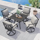 Grand patio 5-Piece Patio Dining Set for 4, E-Coated Outdoor Dining Set Swivel Patio Dining Chairs with Olefin Cushions & 1 Black Square Faux Woodgrain Dining Table with 1.5”Market Umbrella Hole Grand patio
