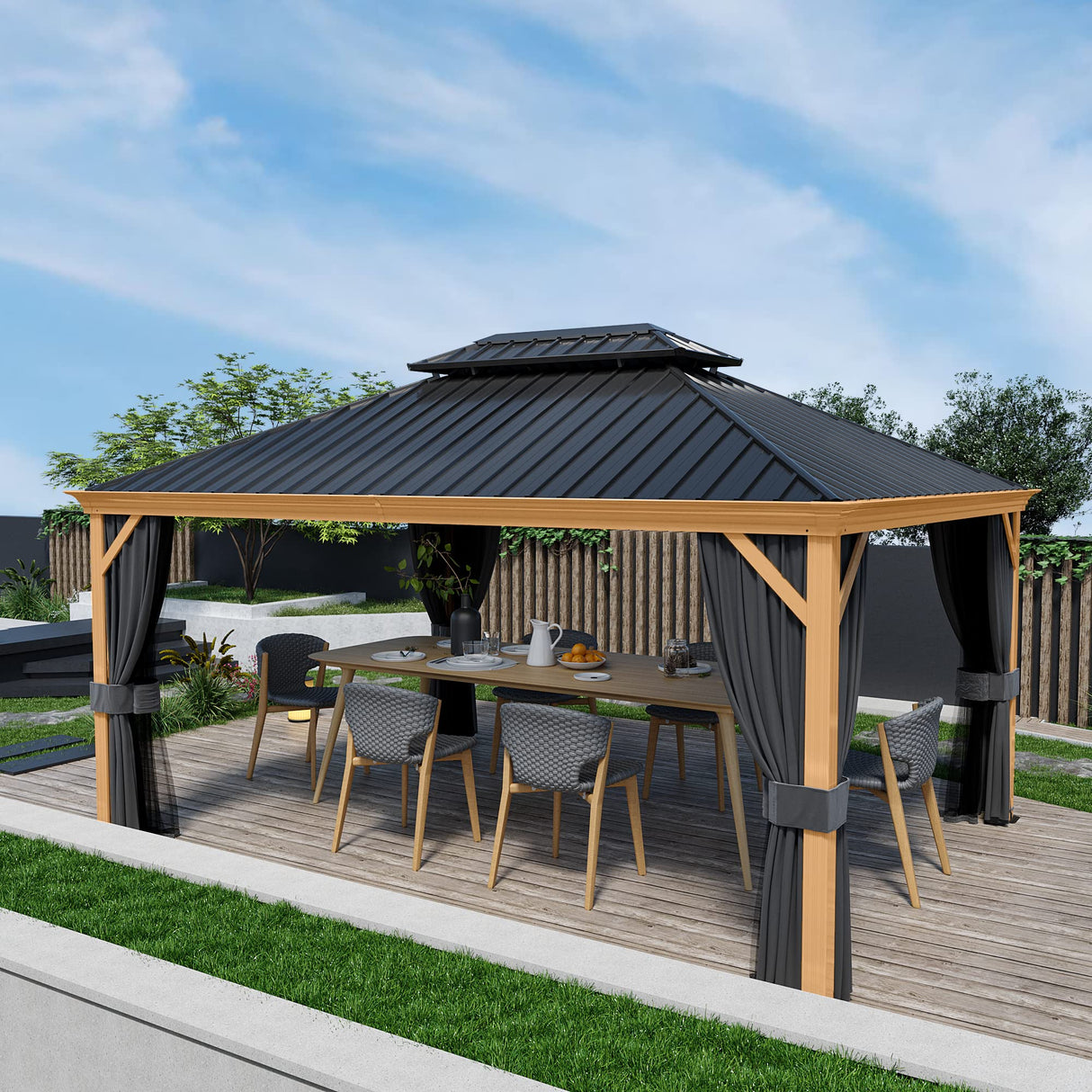 HAPPATIO 12' x 16' Hardtop Gazebo, Outdoor Wood-Grain Frame Aluminum Gazebo with Galvanized Steel Double Roof，Patio Gazebo Canopy with Netting and Curtains for Patio, Deck，Backyard (Gray) HAPPATIO