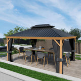 HAPPATIO 12' x 16' Hardtop Gazebo, Outdoor Wood-Grain Frame Aluminum Gazebo with Galvanized Steel Double Roof，Patio Gazebo Canopy with Netting and Curtains for Patio, Deck，Backyard (Gray) HAPPATIO