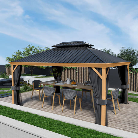 HAPPATIO 12' x 16' Hardtop Gazebo, Outdoor Wood-Grain Frame Aluminum Gazebo with Galvanized Steel Double Roof，Patio Gazebo Canopy with Netting and Curtains for Patio, Deck，Backyard (Gray) HAPPATIO