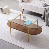 LumFurn Oval Glass Coffee Table, Mid-Century Modern Design, L41 x W21 x H17 inch, for Living Room, 2-Tier Structure, Clear Glass Top and Walnut Finish Wood Shelf, Conical Legs with Gold Finish Frame LumFurn