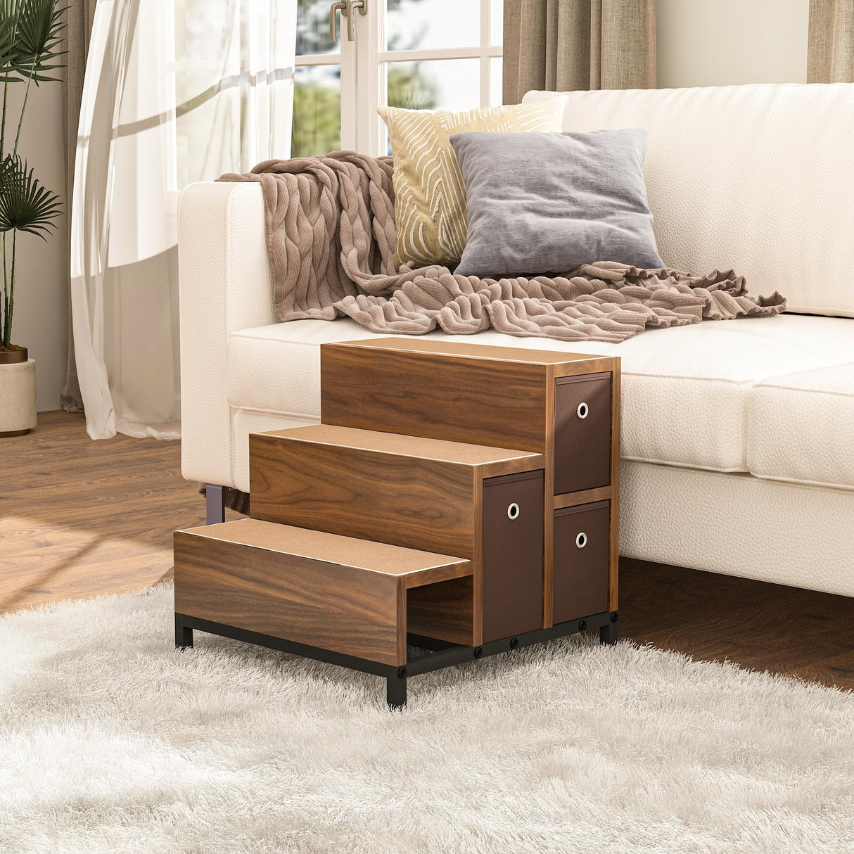 Dog Window Perch, Dog Bed and Dog Stairs, Dog Cot with 3-Tier Dog Steps, Wood Pet Stairs w/Raised Dog Bed, Bunk and Pet Steps with Storage Drawers,Cat Window Perch, Dog Perch to Look Out Window EazeHome