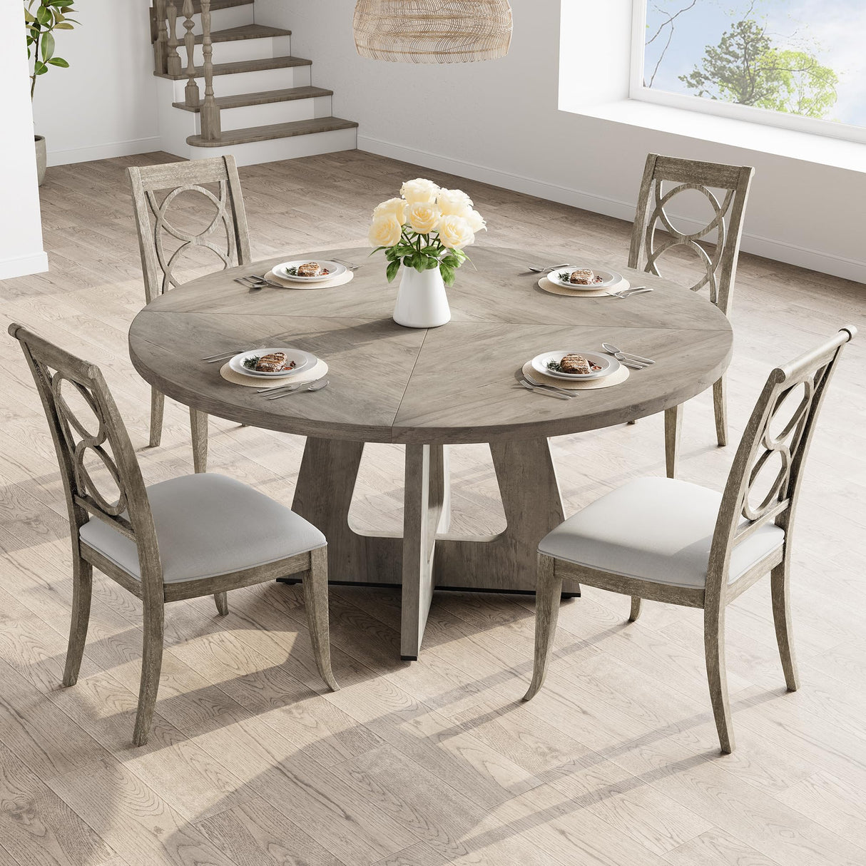 GarveeHome 47-Inch Round Large Dining Table Set for 4 to 6, Farmhouse Dinner Table with Wooden Top and Legs for Home Dining Room or Living Room - Grey(No Chairs) GarveeHome