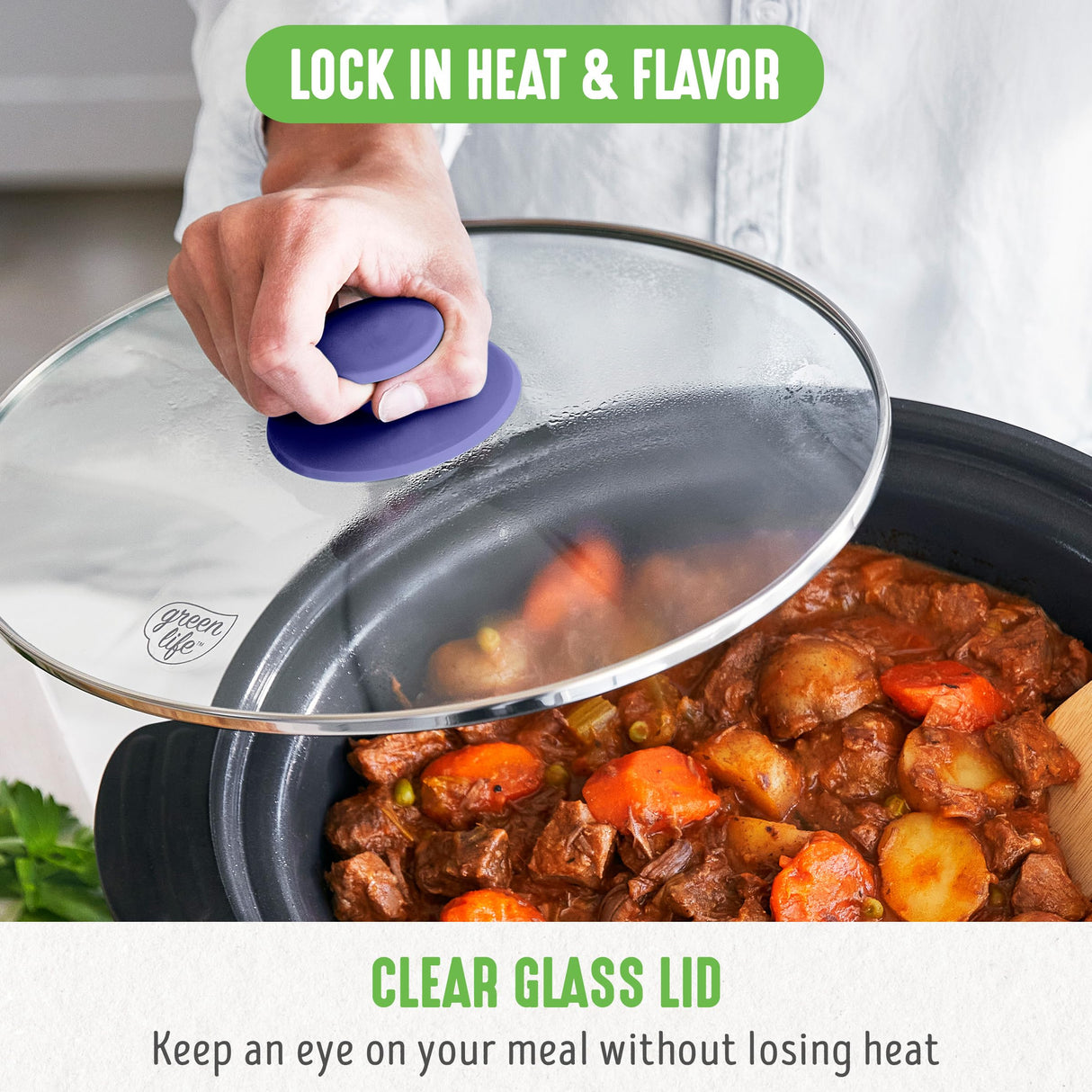 GreenLife 6 Quart Ceramic Slow Cooker, PFAS-Free, Programmable, Removable Healthy Nonstick Pot for Family Meals, Sear on Stovetop, Keep Warm, Digital Timer, Dishwasher Safe Glass Lid, Periwinkle GreenLife