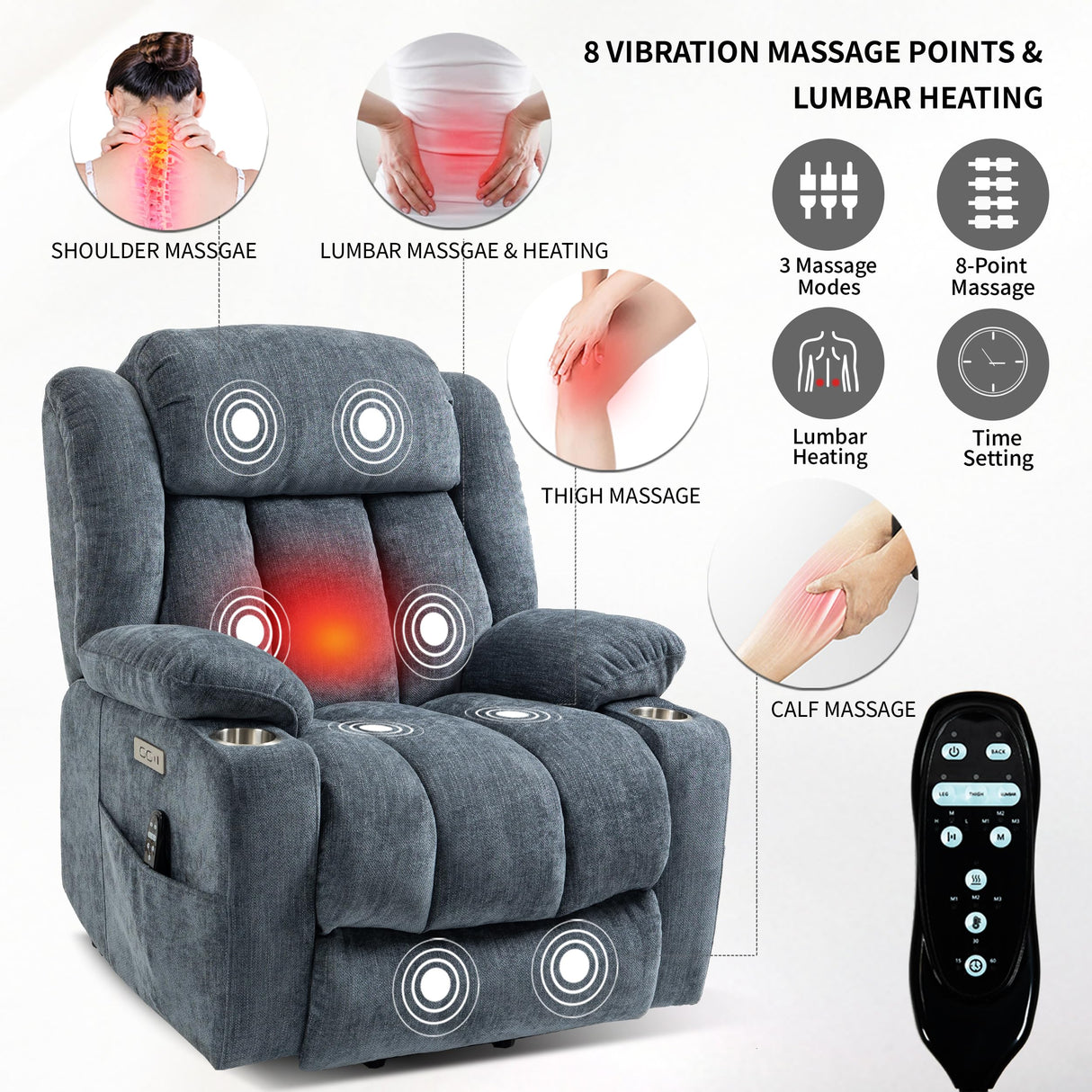 Power Lift Chair for Elderly, Electric Recliner Chair with 8-Point Vibration Massage and Lumbar Heating, Charging Ports, Cup Holders - Blue Luxlen