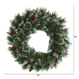 Nearly Natural 24in. Frosted Swiss Pine Artificial Wreath with 35 Clear LED Lights and Berries, Green, 5x24x24 Nearly Natural