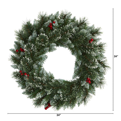 Nearly Natural 24in. Frosted Swiss Pine Artificial Wreath with 35 Clear LED Lights and Berries, Green, 5x24x24