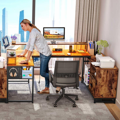 DWVO U Shaped Desk with Drawers, 72.8" Reversible L Shaped Desk with Power Outlets, Corner Computer Desk with LED Lights & Monitor Stand & Storage Shelves, Rustic Brown