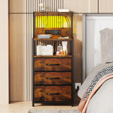 SZLHANJZ Nightstand, Dresser Nightstand with Charging Station, 3 Drawers Night Stand with Storage and LED Lights, 3 Shelves and Hooks, End Side Table for Bedroom, Rustic Brown SZLHANJZ