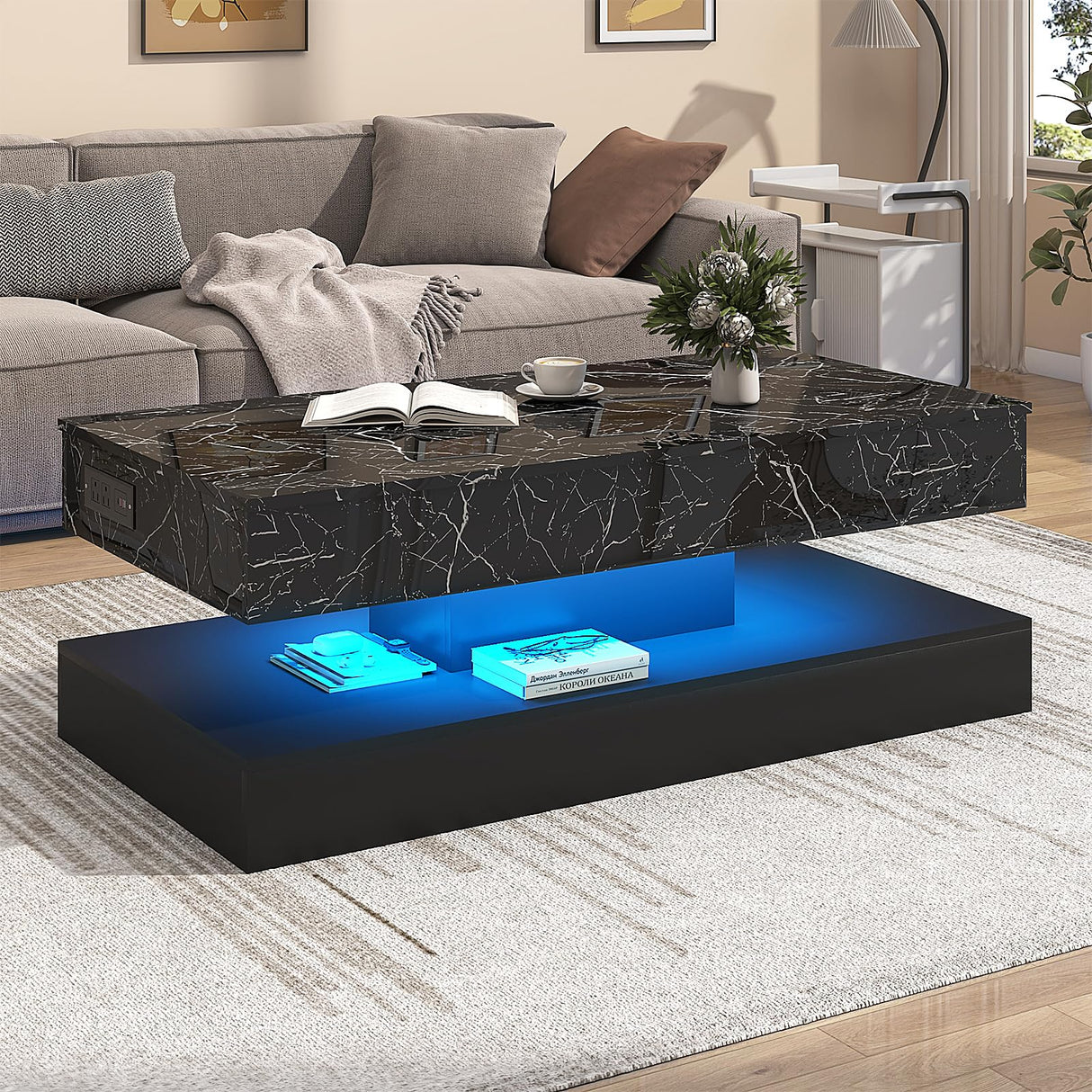 chartustriable 47.2" Large Lift Top Coffee Table with Charging Station, LED Modern High Glossy Center Table with Hidden Compartment Storage, White Lift Living Room Tables with Marbling Print, Black chartustriable