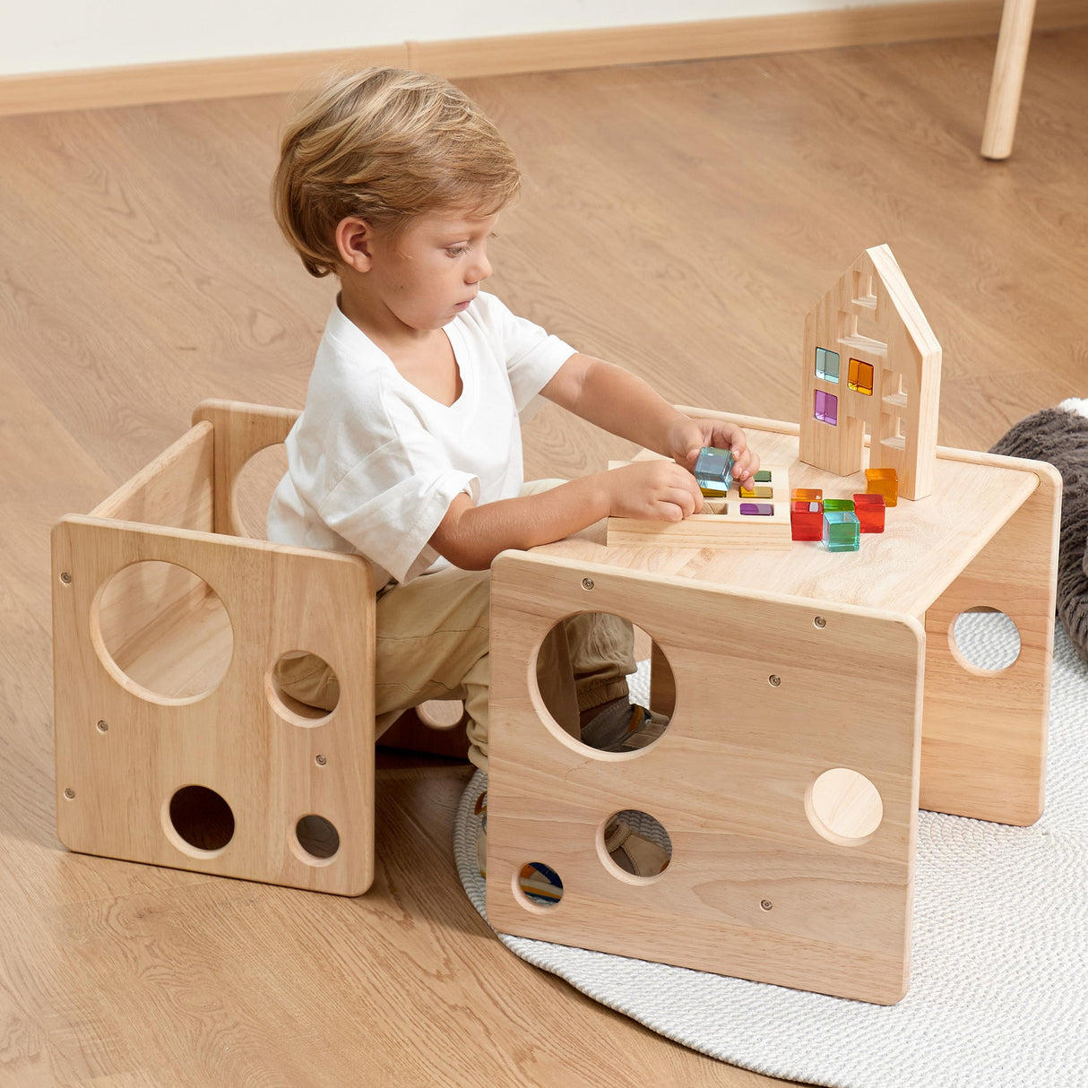 Woodtoe Montessori Weaning Table and Chair Set for Toddler, Natural Solid Wooden Kids Table Cube Chair for Boy Girl, with Rainbow Acrylic Gem Cubes Blocks, 24 PCS Montessori Wooden Building Blocks Set Woodtoe
