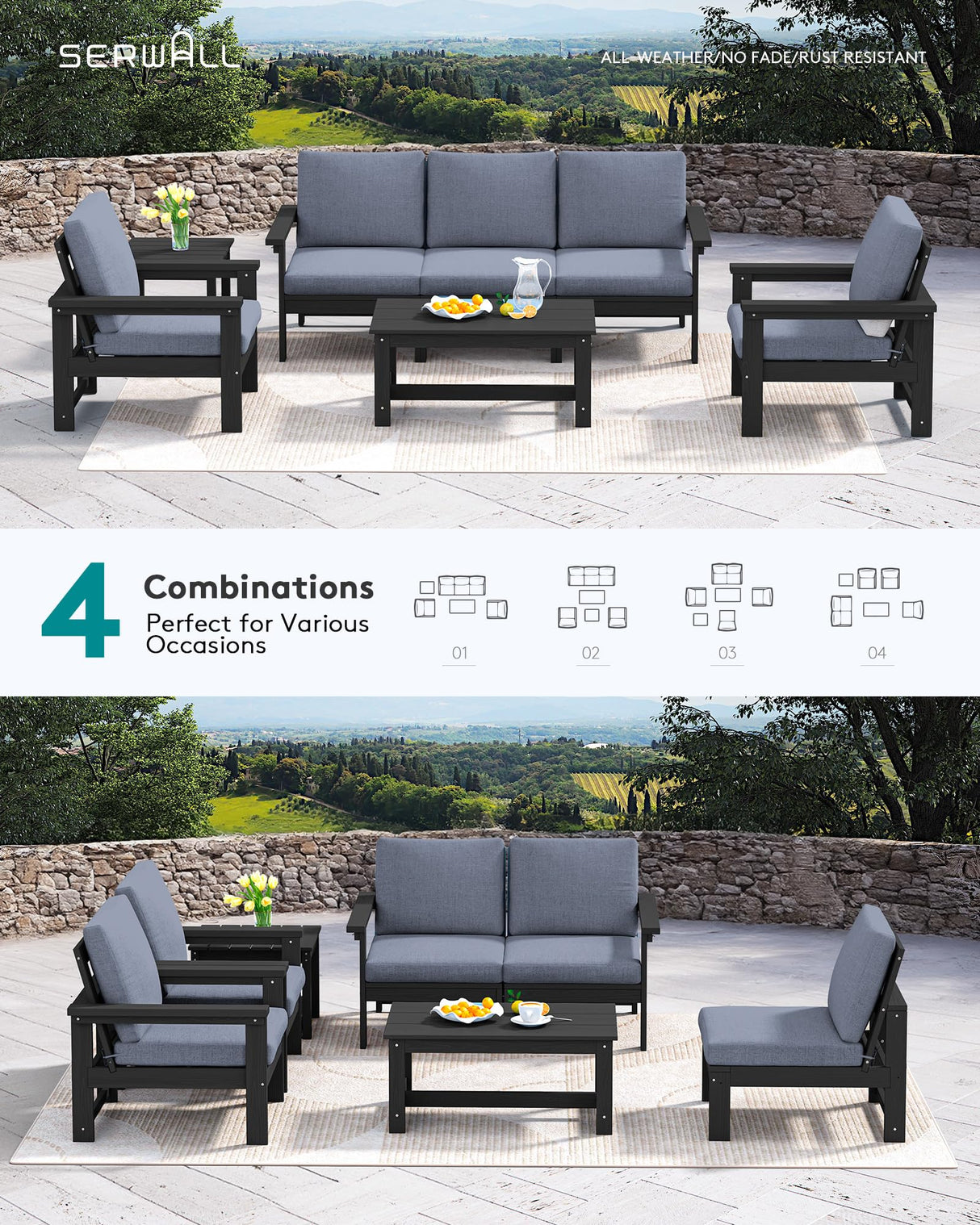 SERWALL HDPE Patio Furniture Set, 7-Piece Outdoor Sectional Sofa Set, All Weather Outdoor Couch Set for Deck, Lawn, Black Frame with Grey Cushion SERWALL