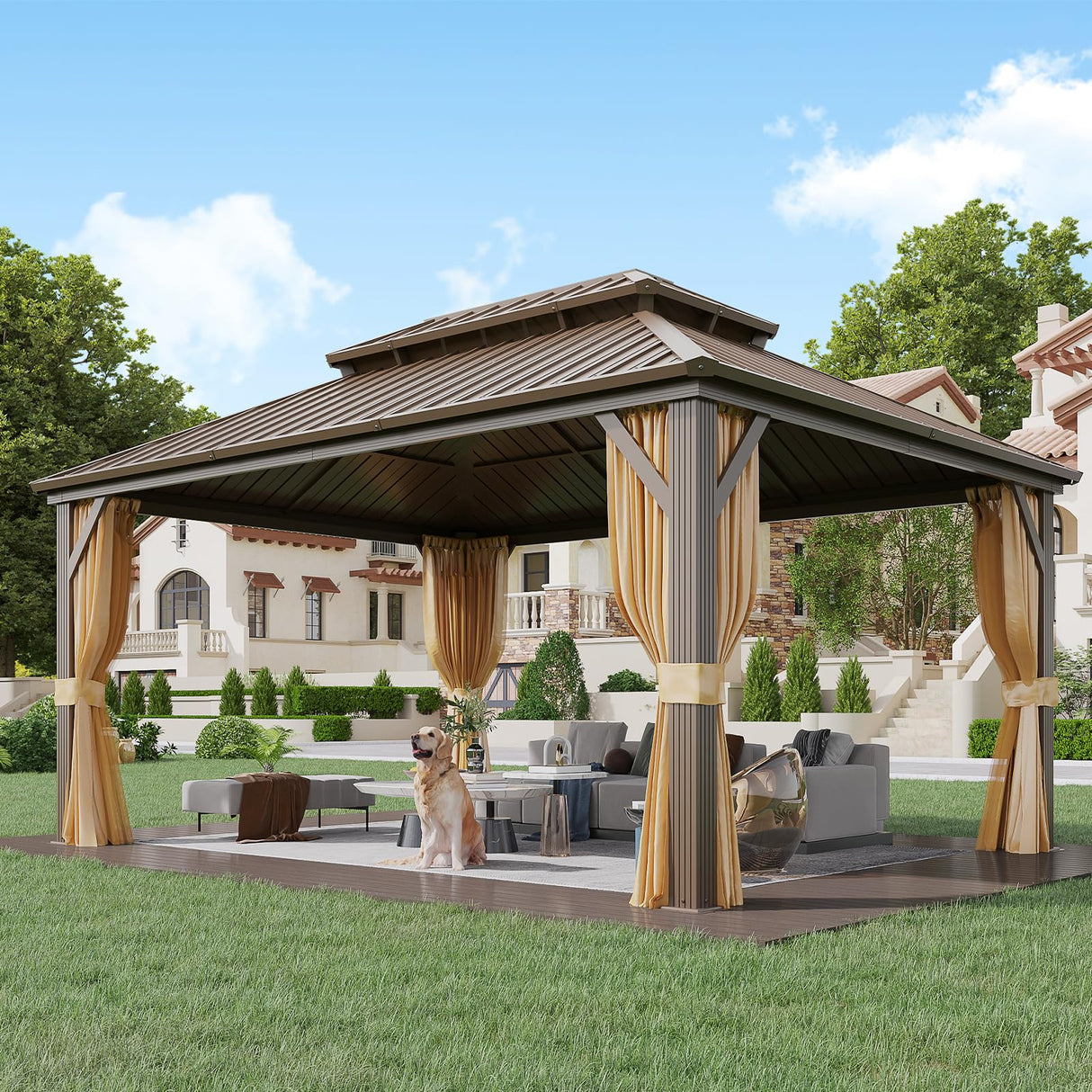 YOLENY 12' x 16' Gazebo Hardtop with Aluminum Frame,Galvanized Steel Double Roof Gazebos with Curtain and Netting,Outdoor Metal Pergolas for Garden, Lawn, Deck, Brown YOLENY